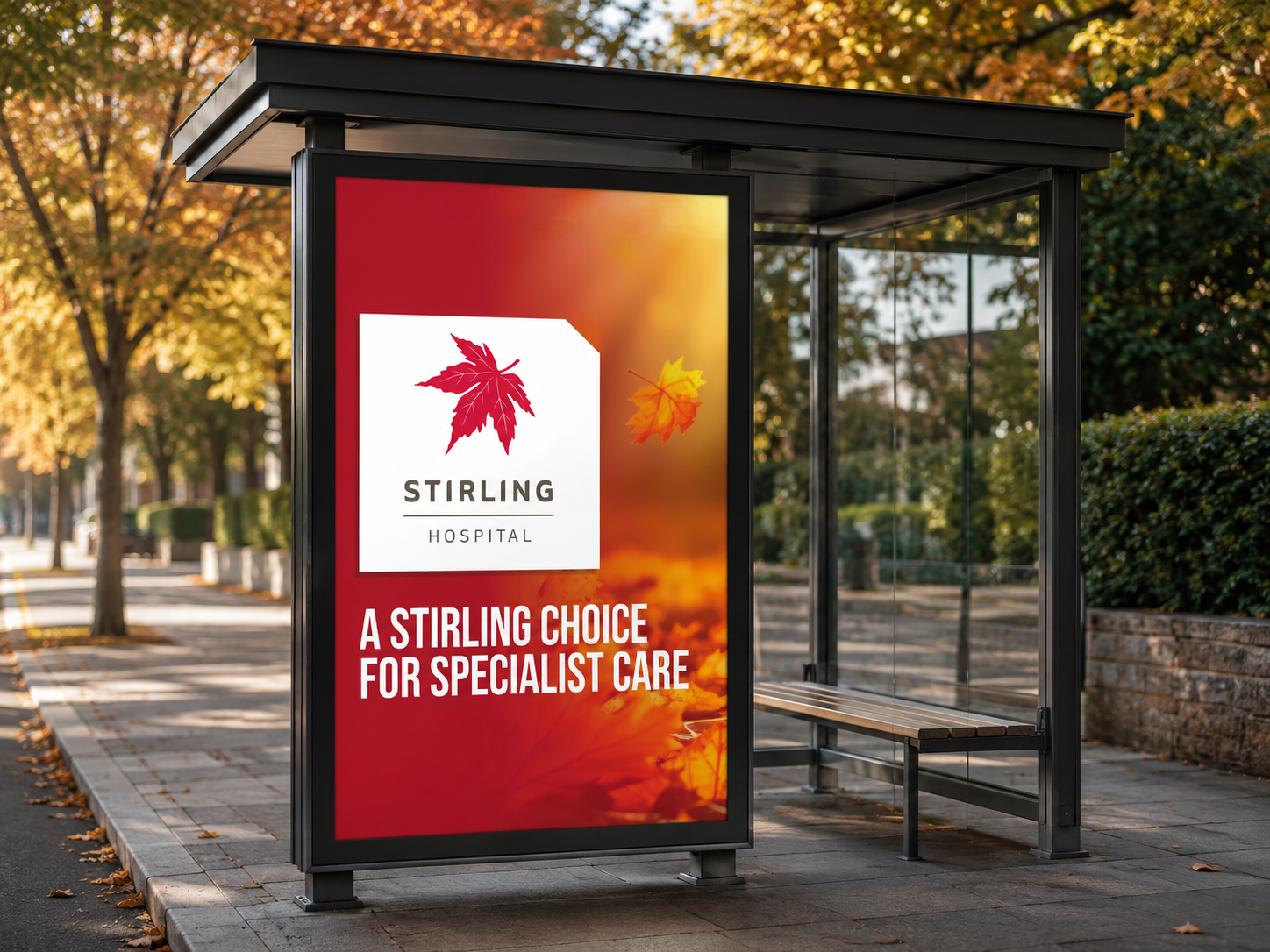 Stirling Hospital specialist care campaign displayed on a bus shelter